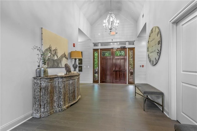 2013 White Cypress Ct, Smyrna, GA 30082 - foyer entrance with a chandelier, wood finished floors, baseboards, and high vaulted ceiling