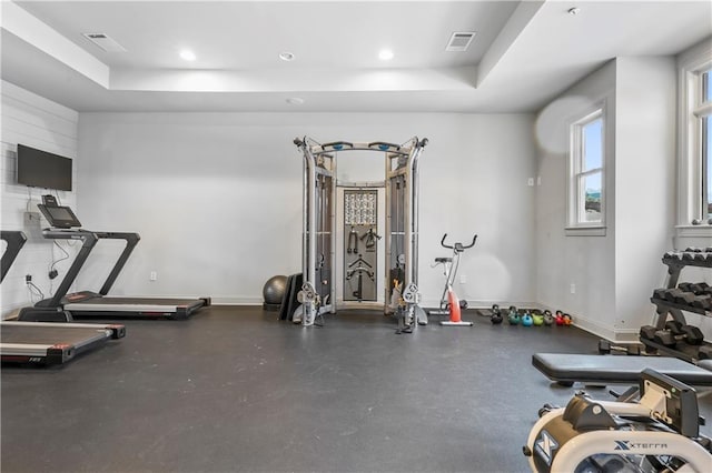 2013 White Cypress Ct, Smyrna, GA 30082 - gym featuring a tray ceiling, recessed lighting, and baseboards