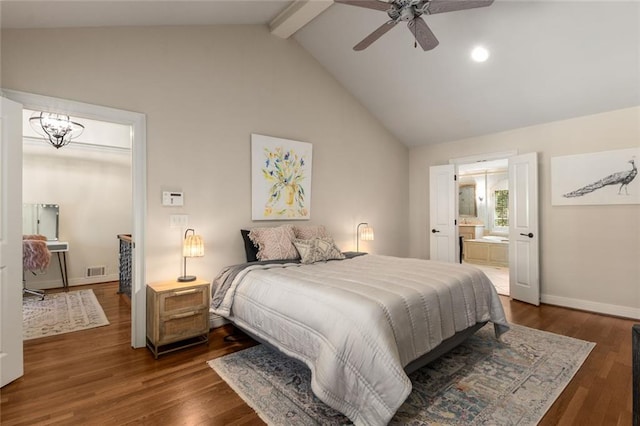 bedroom with beamed ceiling, dark wood-type flooring, high vaulted ceiling, baseboards, and ensuite bath