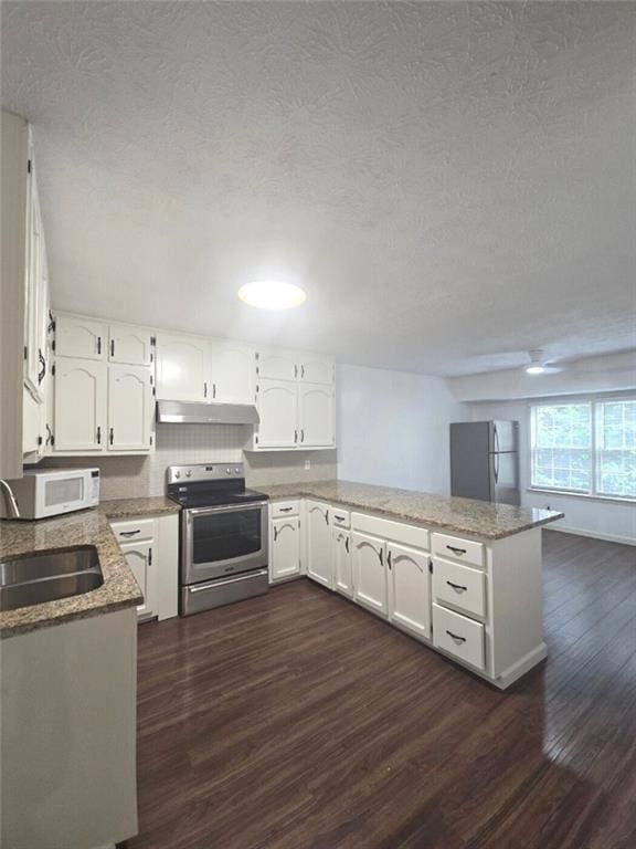 2821 NE Meadowlark Trl, Duluth, GA 30096 - kitchen featuring appliances with stainless steel finishes, under cabinet range hood, a sink, dark wood-style floors, and a peninsula