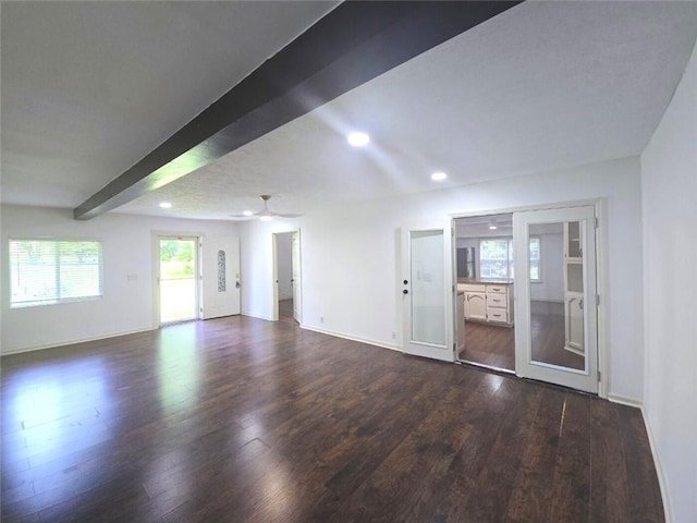 2821 NE Meadowlark Trl, Duluth, GA 30096 - empty room featuring recessed lighting, dark wood-type flooring, beam ceiling, a ceiling fan, and baseboards