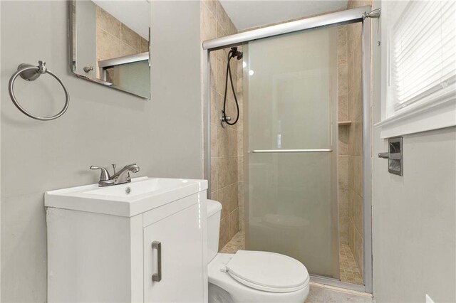 bathroom with vanity, toilet, and a shower with door