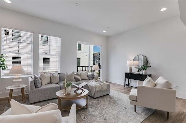 living room with a wealth of natural light and light wood-type flooring