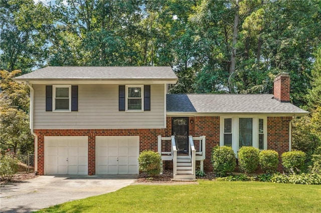 190 Windflower Trce, Roswell, GA 30075 - split level home with a chimney, an attached garage, concrete driveway, a front lawn, and brick siding