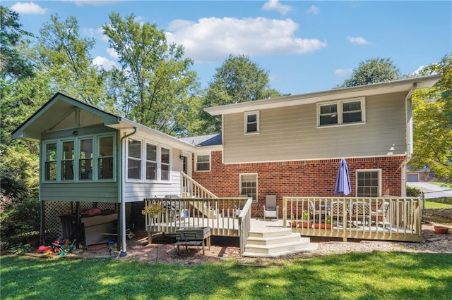 190 Windflower Trce, Roswell, GA 30075 - rear view of house with a deck, a yard, stairs, and brick siding