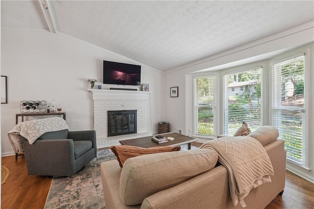 190 Windflower Trce, Roswell, GA 30075 - living room featuring plenty of natural light, vaulted ceiling, a brick fireplace, and dark wood finished floors