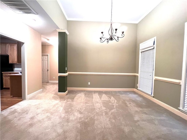 6745 Fairfield Trce, Suwanee, GA 30024 - unfurnished dining area with carpet, a chandelier, baseboards, and ornamental molding