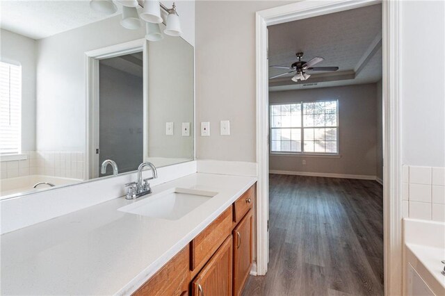 bathroom featuring vanity, a tray ceiling, a tub, hardwood / wood-style flooring, and ceiling fan