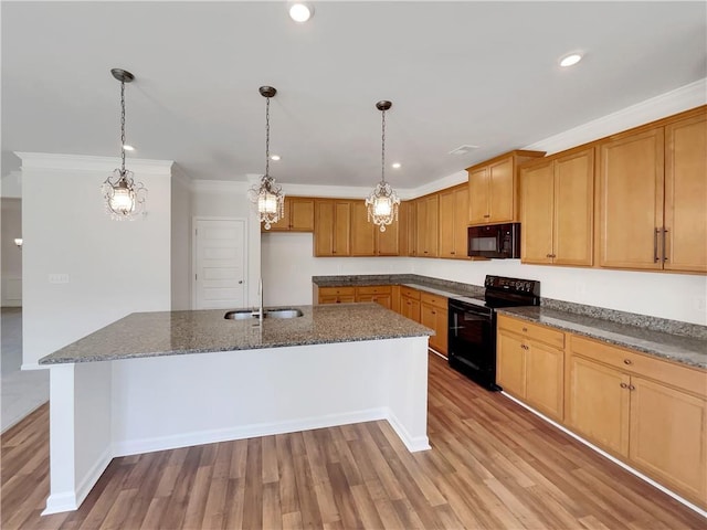 kitchen with a sink, light wood-style flooring, black appliances, and a center island with sink