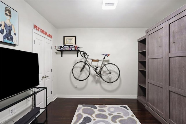 interior space featuring baseboards and dark wood-type flooring