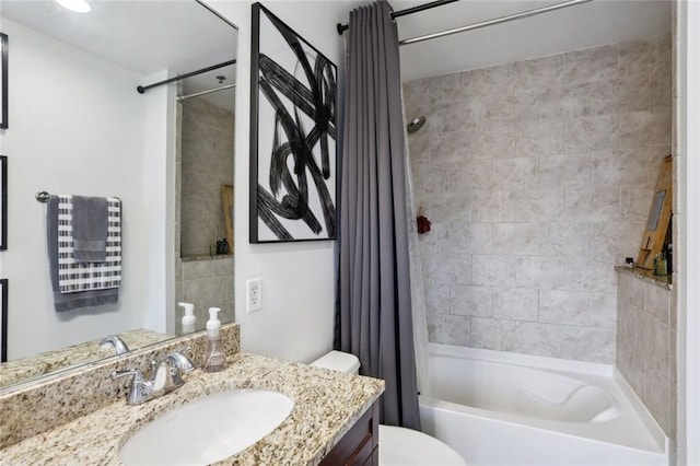 bathroom with toilet, shower / bathtub combination with curtain, and vanity