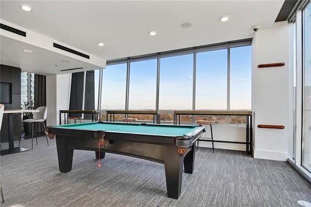 playroom featuring carpet flooring, pool table, baseboards, and recessed lighting