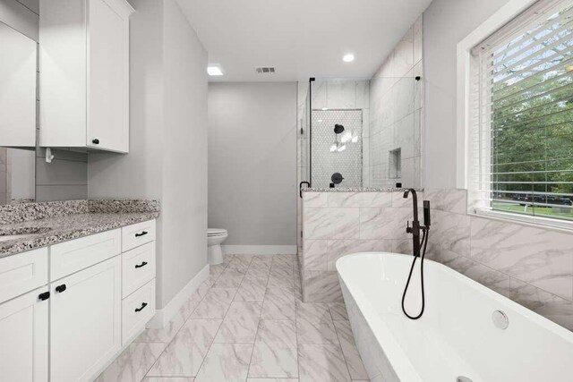 full bathroom featuring plenty of natural light, shower with separate bathtub, toilet, and vanity