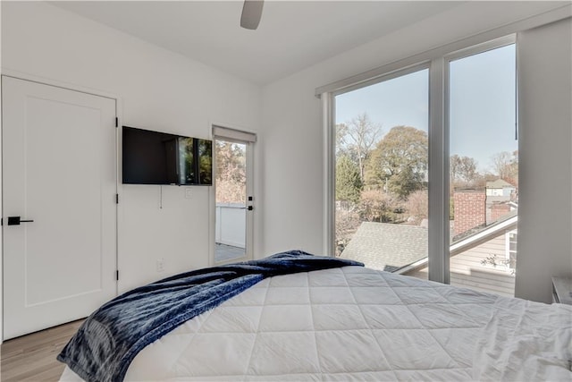 bedroom featuring a ceiling fan and wood finished floors