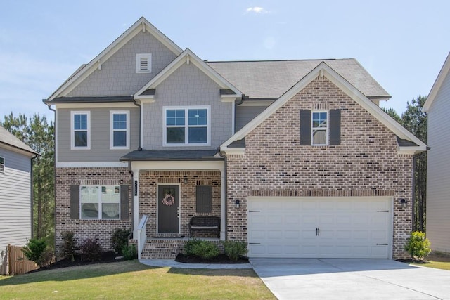 craftsman inspired home featuring concrete driveway, brick siding, roof with shingles, and a garage