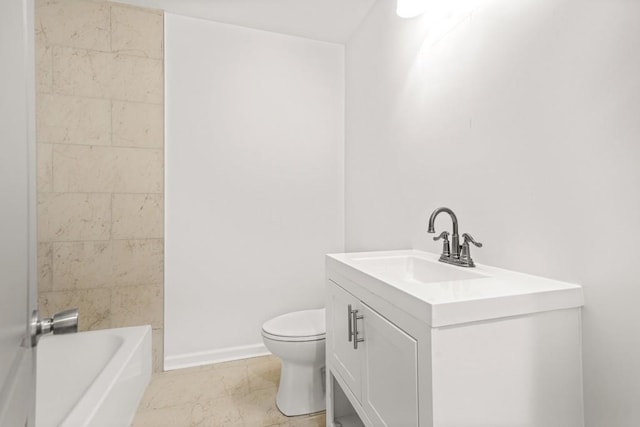 full bath with toilet, baseboards, marble finish floor, and vanity