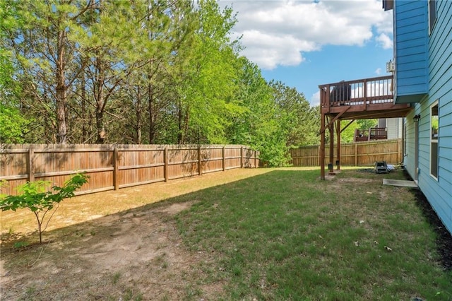 view of yard featuring a fenced backyard and a deck