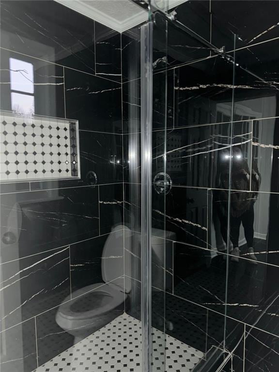 bathroom featuring a shower with shower door and toilet