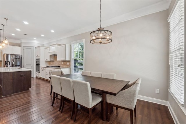 2040 Birchdale Dr, Milton, GA 30004 - dining room with a chandelier, ornamental molding, dark wood-style floors, recessed lighting, and baseboards