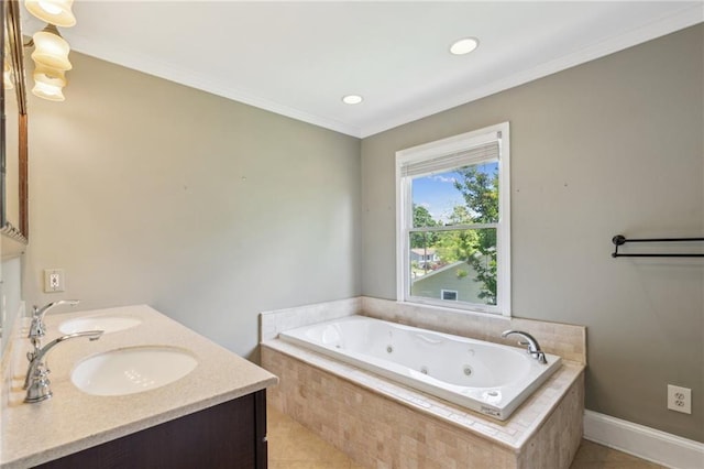 2055 Cactus Ln, Cumming, GA 30040 - full bath featuring a whirlpool tub, tile patterned floors, crown molding, recessed lighting, and double vanity