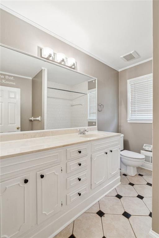 2055 Cactus Ln, Cumming, GA 30040 - bathroom with toilet, tile patterned floors, ornamental molding, vanity, and a shower