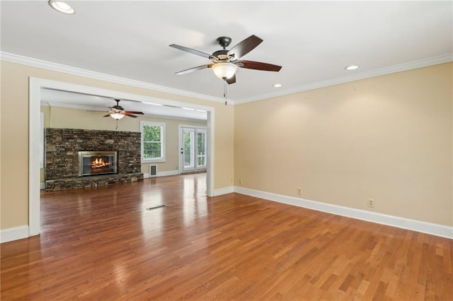 2055 Cactus Ln, Cumming, GA 30040 - unfurnished living room featuring ceiling fan, wood finished floors, baseboards, ornamental molding, and recessed lighting