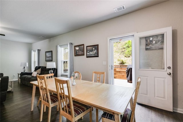 dining space featuring dark wood-type flooring