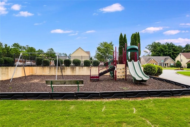 view of jungle gym featuring a yard