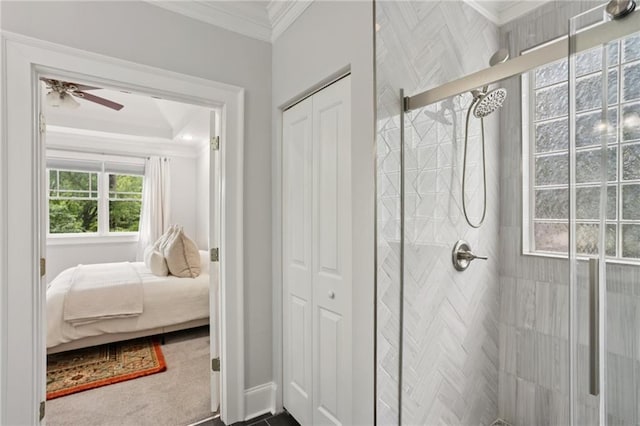 47 Oakridge Ave SE, Atlanta, GA 30317 - bathroom with a stall shower, a closet, crown molding, ensuite bath, and a ceiling fan