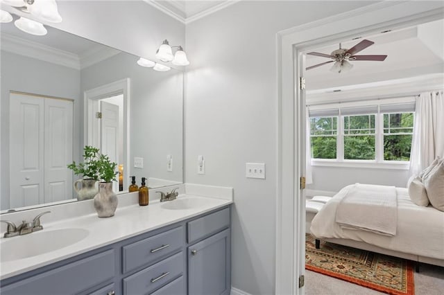 47 Oakridge Ave SE, Atlanta, GA 30317 - ensuite bathroom featuring double vanity, ornamental molding, and ceiling fan