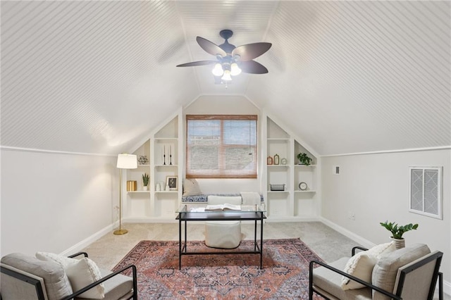 47 Oakridge Ave SE, Atlanta, GA 30317 - carpeted office space featuring built in features, vaulted ceiling, and ceiling fan