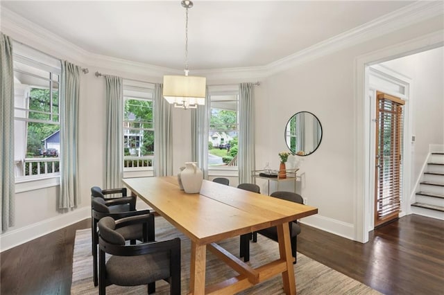 47 Oakridge Ave SE, Atlanta, GA 30317 - dining space featuring a chandelier, dark wood-style flooring, stairway, and crown molding