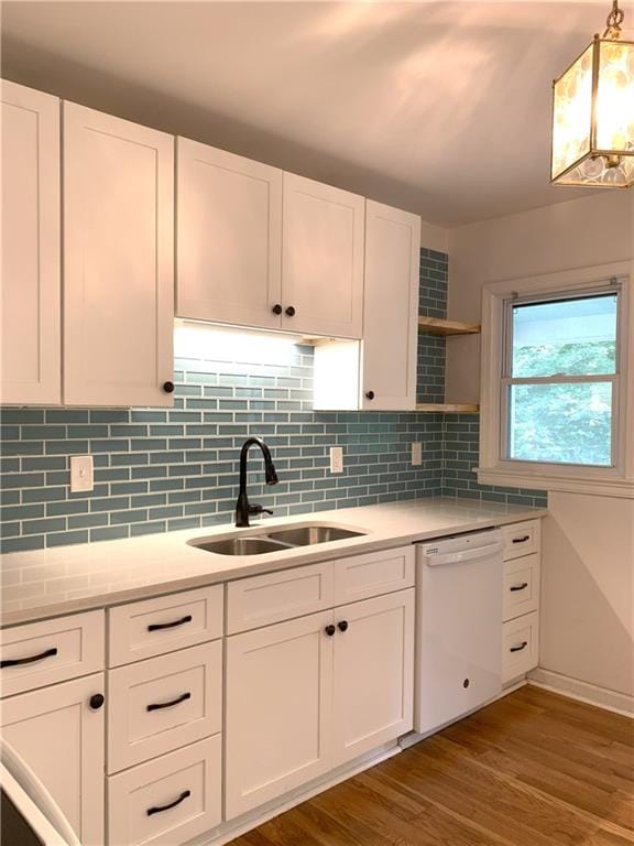 3604 Orchard Cir, Decatur, GA 30032 - kitchen featuring dishwasher, open shelves, light countertops, dark wood-style floors, and white cabinets