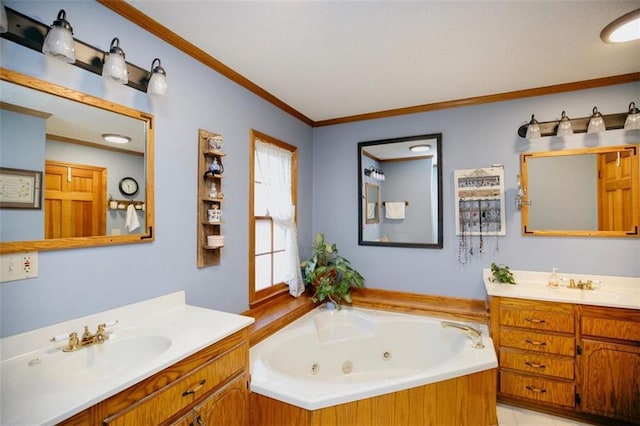 bathroom with two vanities, a tub with jets, crown molding, and a sink