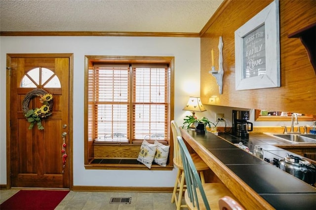 kitchen featuring a sink, visible vents, plenty of natural light, and tile counters