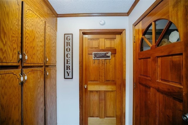 interior details featuring crown molding and a textured ceiling