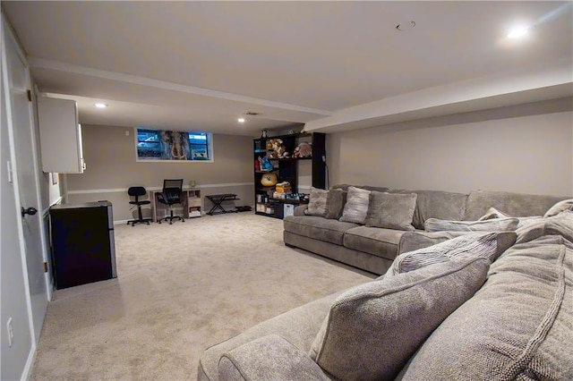 living room with baseboards, recessed lighting, and light colored carpet