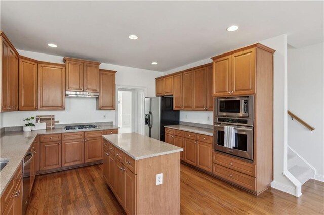 kitchen featuring under cabinet range hood, stainless steel appliances, wood finished floors, and recessed lighting