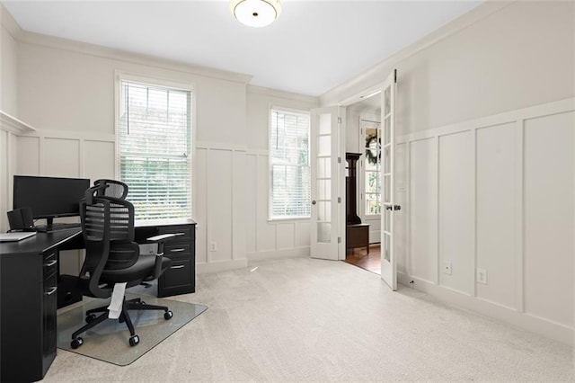 1215 Renaissance Ct SE, Mableton, GA 30126 - carpeted home office featuring a decorative wall, crown molding, a wainscoted wall, and healthy amount of natural light