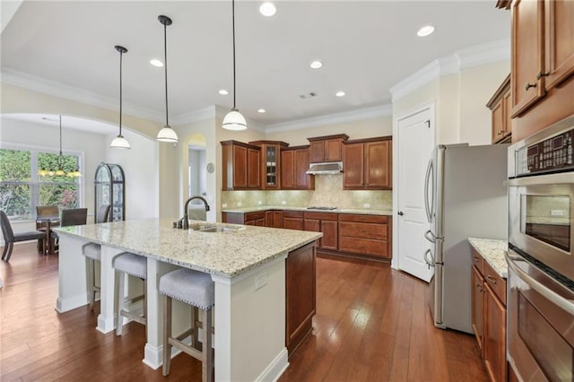 kitchen with an island with sink, stainless steel appliances, light stone countertops, pendant lighting, and sink