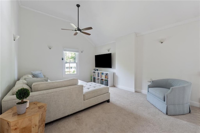 183 Whitefoord Ave NE, Atlanta, GA 30307 - carpeted living room with a ceiling fan, baseboards, ornamental molding, and vaulted ceiling