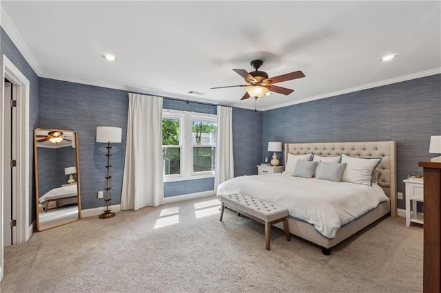 183 Whitefoord Ave NE, Atlanta, GA 30307 - bedroom with wallpapered walls, crown molding, carpet, baseboards, and ceiling fan