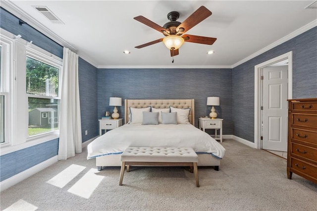 183 Whitefoord Ave NE, Atlanta, GA 30307 - bedroom with wallpapered walls, crown molding, light carpet, baseboards, and a ceiling fan