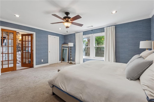 183 Whitefoord Ave NE, Atlanta, GA 30307 - carpeted bedroom with ornamental molding, french doors, wallpapered walls, baseboards, and recessed lighting