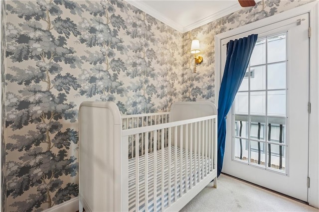 183 Whitefoord Ave NE, Atlanta, GA 30307 - carpeted bedroom featuring wallpapered walls, crown molding, and baseboards