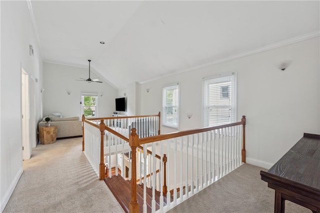183 Whitefoord Ave NE, Atlanta, GA 30307 - corridor with carpet, crown molding, baseboards, an upstairs landing, and lofted ceiling