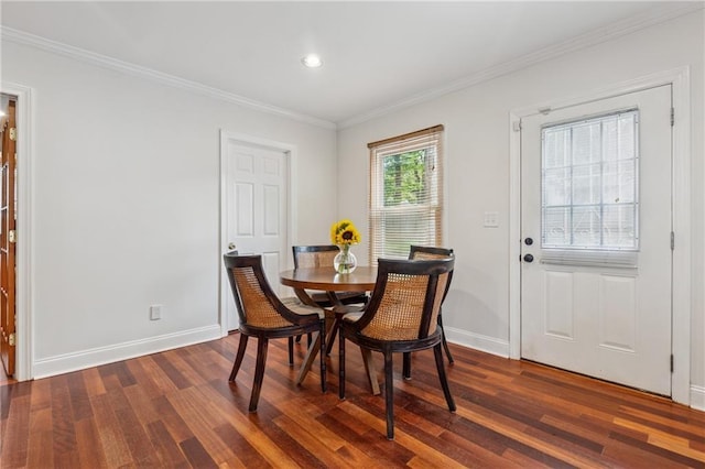 183 Whitefoord Ave NE, Atlanta, GA 30307 - dining area featuring dark wood-style flooring, ornamental molding, baseboards, and recessed lighting