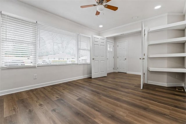 interior space with recessed lighting, ornamental molding, baseboards, and wood finished floors