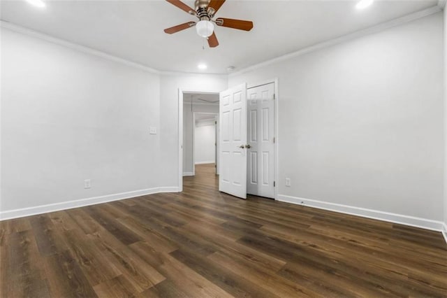 unfurnished bedroom featuring dark wood finished floors, crown molding, recessed lighting, and baseboards