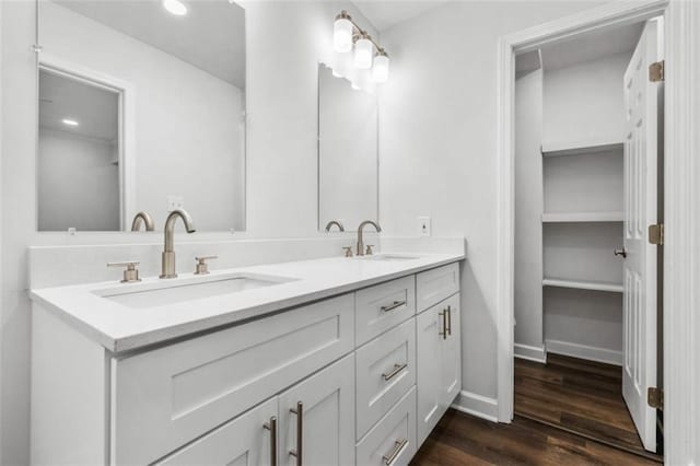 bathroom with a sink, baseboards, wood finished floors, and double vanity